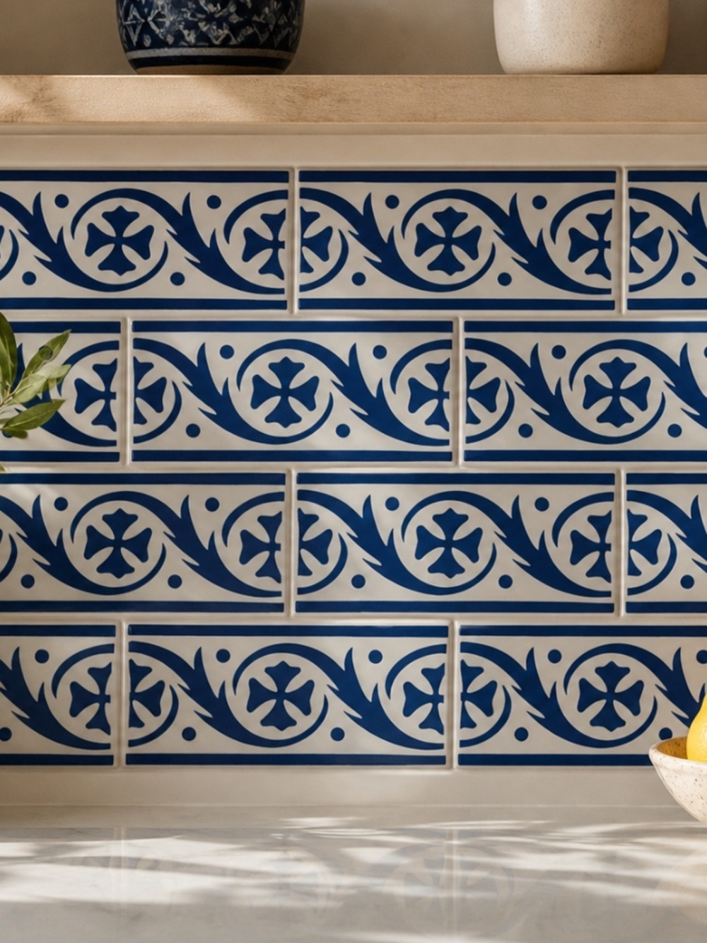 Rare Blue White Border Tile | Vintage Architectural Salvage Kitchen Decor